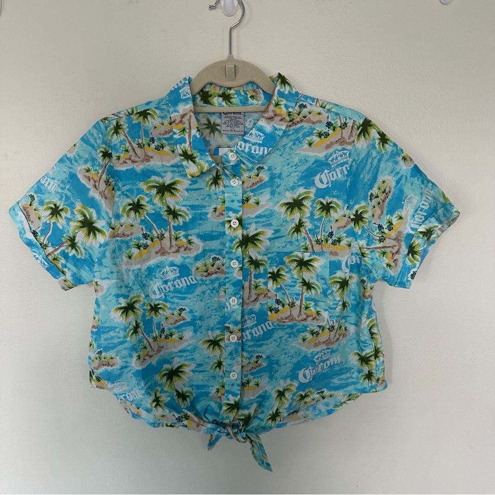Corona Extra Tropical Crop‎ Top Button Shirt Blue Palm Island Women’s XL
